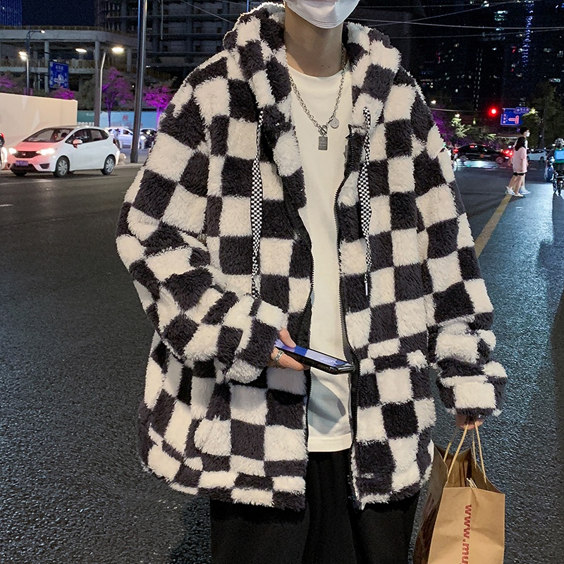 Áo khoác nam dáng rộng, áo khoác lông cừu nam kẻ caro thời trang phong cách Hàn Quốc