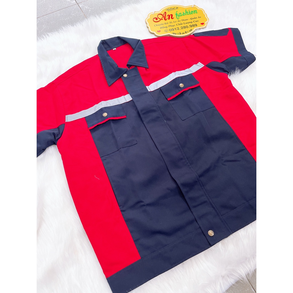 Đồ bảo hộ lao động, Quần áo công trình vải kaki may đẹp màu xanh đen phối đỏ tay ngắn _ Hình chụp thật