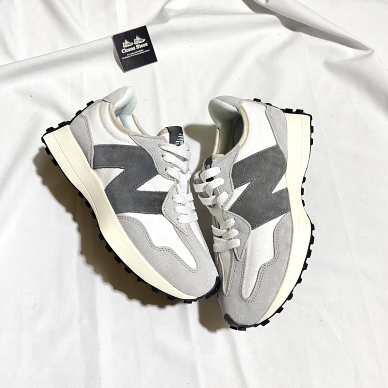 giày Newbalance 327 xám nỉ trắng mới, giày NB 300,550,574 xám trắng đế kem cao cấp