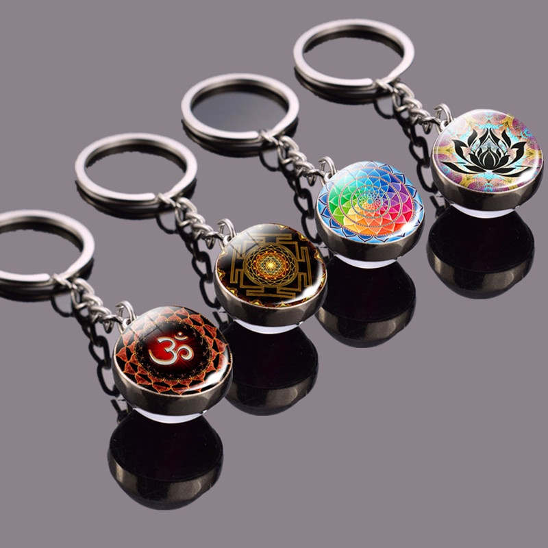 Móc Khóa Hai Mặt Biểu Tượng Chakra Quả Cầu Thủy Tinh Om Ấn Độ Tập Yoga Làm Quà Tặng Trang Sức Cho Nam Và Nữ