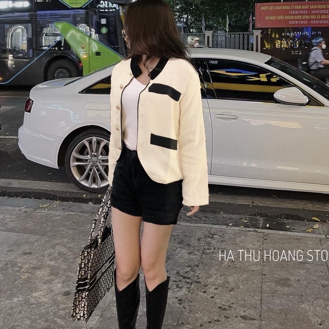 Set áo dạ kem phối túi mix quần sooc, Đồ bộ nữ set áo dạ phối túi viền đen mix quần sooc Shopxinh888888