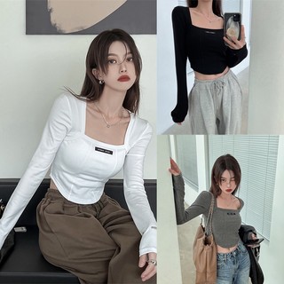 Áo croptop bằng cotton cổ vuông dài tay phong cách Hàn Quốc cho nữ