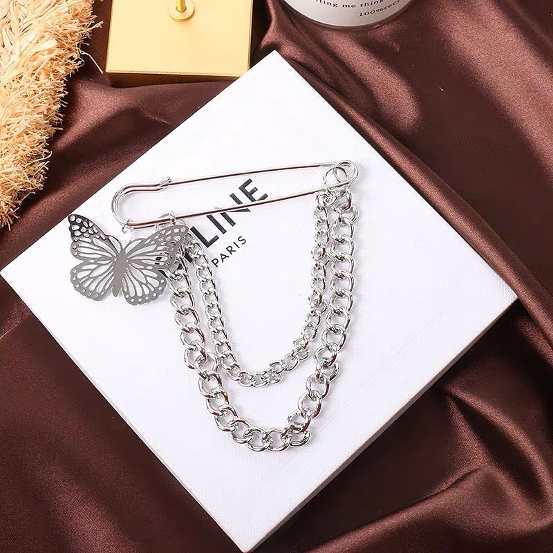Ghim cài áo xích 2 tầng chi tiết Butterfly xinh xắn Ghim phụ kiện trang trí áo quần unisex