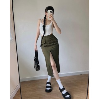 Chân váy midi RÊU xẻ giữa