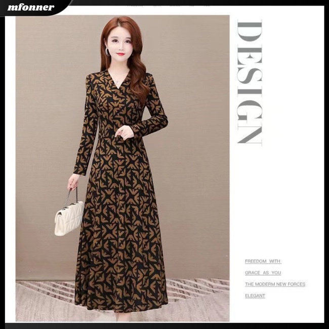 Đầm Dài Tay Cổ Chữ V Eo Cao In Hoa Thanh Lịch Dành Cho Nữ