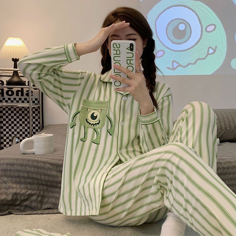 Bộ Đồ Ngủ Tay Dài Kẻ Sọc In Hoạt Hình Mắt To Thời Trang Xuân Thu Cho Nữ