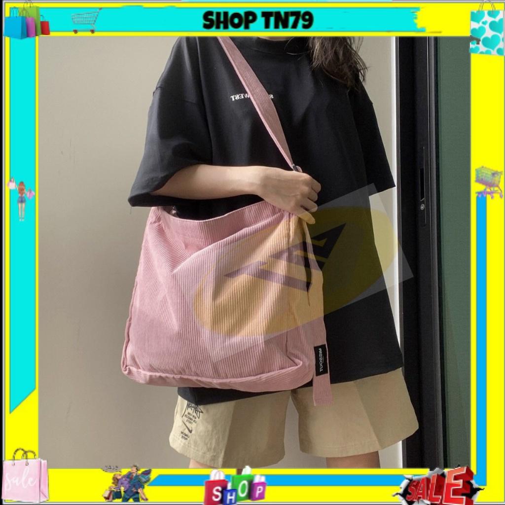 Túi tote đeo chéo đeo vai vải nhung trơn 2 màu hồng kem để laptop đi học đi chơi TX-05