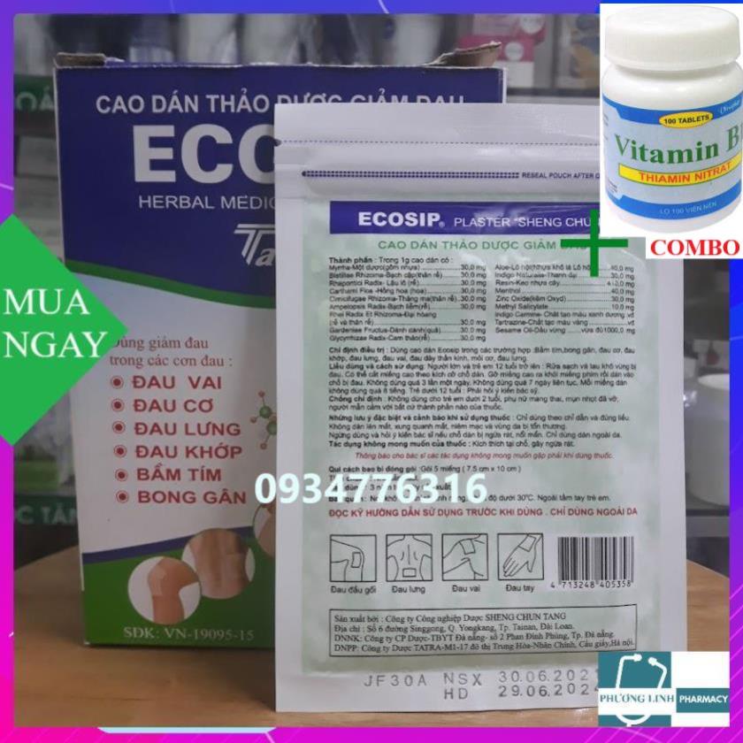 Combo Vitamin B1 chai 100 viên+ ECOSIP 20 gói x 5 miếng cao dán thảo dược ( Chính hãng )