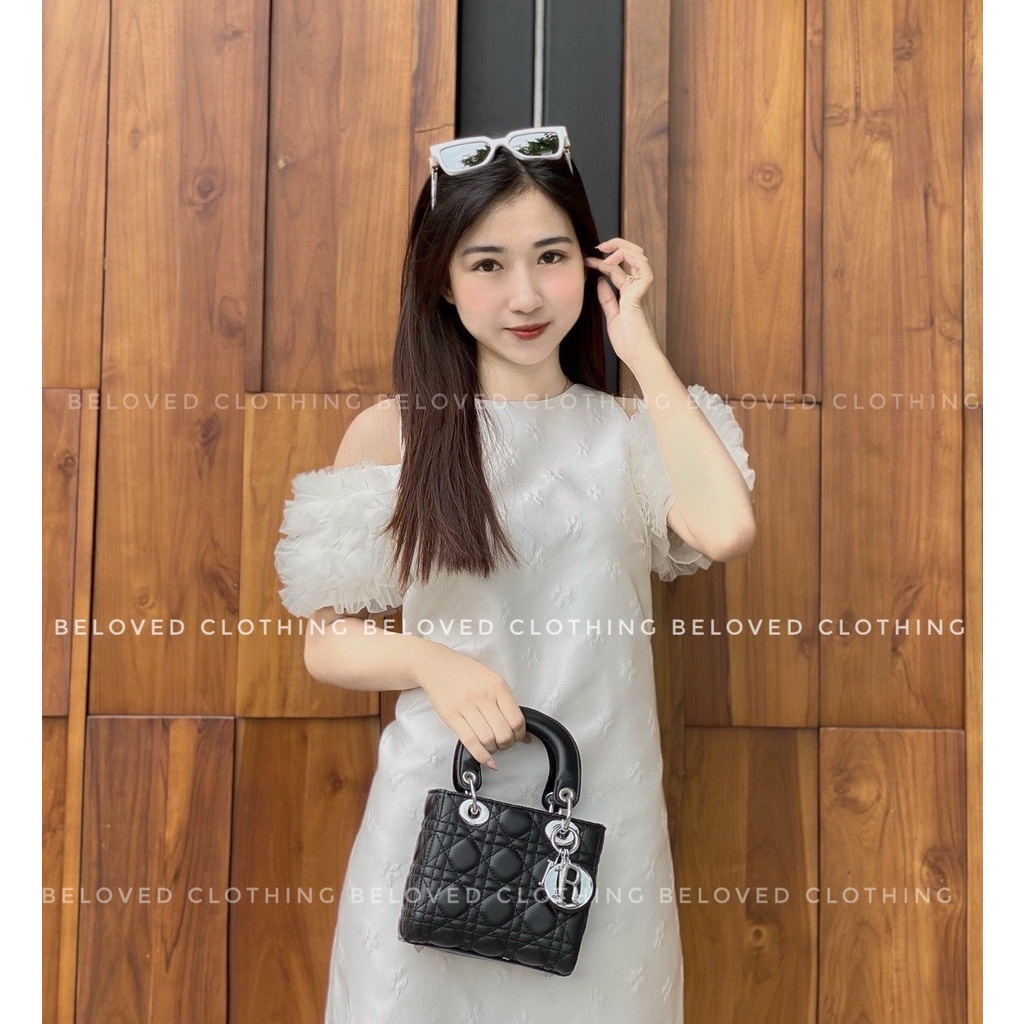 Váy gấm trắng tay bèo tiểu thư form to ( Ảnh thật shop tự chụp)