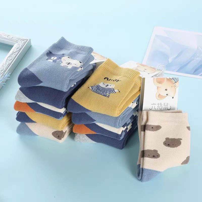 Set 10 Đôi Tất Cổ Cao Trẻ Em Hình Gấu Kẻ Tone Vàng Xanh
