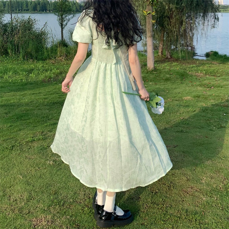 Đầm Cổ Vuông Eo Co Giãn Đính Nơ Màu Xanh Lá Thời Trang Mùa Hè Hàn Quốc Cho Nữ