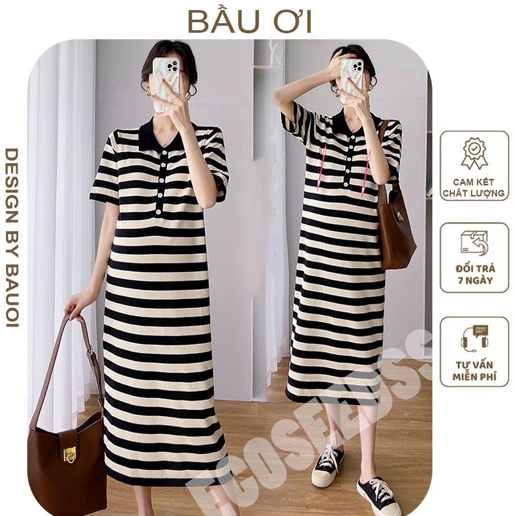 [BÂUOII V74] ĐẦM BẦU SUÔNG DÁNG DÀI CỔ SƠ MI CHẤT ĐẸP, VÁY BẦU KẺ SỌC THỜI TRANG HÀN QUỐC