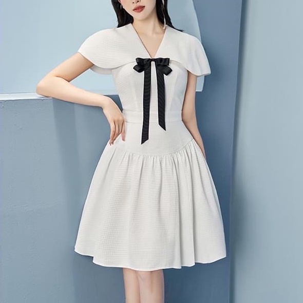 Đầm trắng đính nơ thanh lịch, thiết kế dáng xòe, thích hợp đi làm, dạo phố, dự tiệc - T031