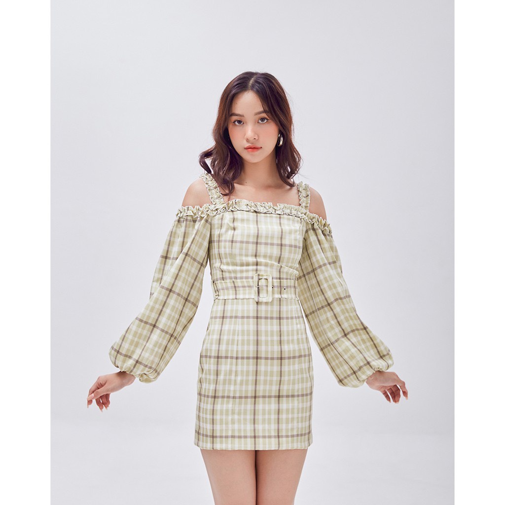 Đầm SHEBYSHJ caro xanh trễ vai - Macy Dress