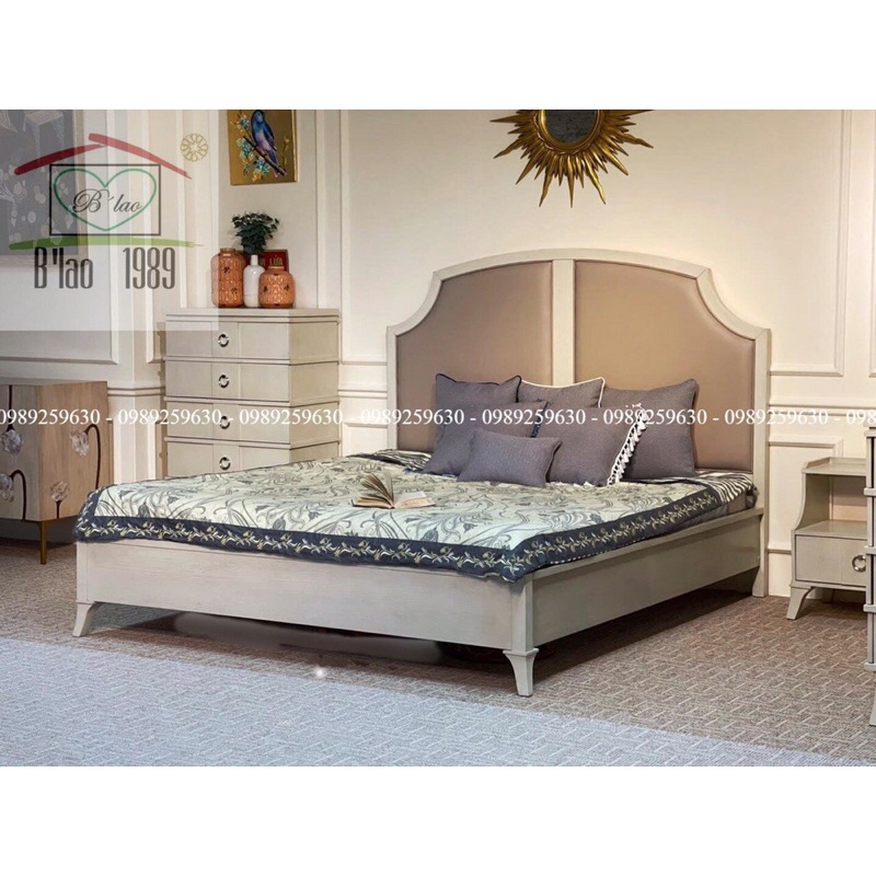 Bộ giường tủ xuất Âu gỗ bạch dương sơn màu trắng kem 4 món