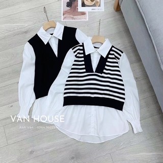 Áo gile len đen và len kẻ trắng đen pha sơmi có cổ bo ống tay đuôi tôm siêu hot