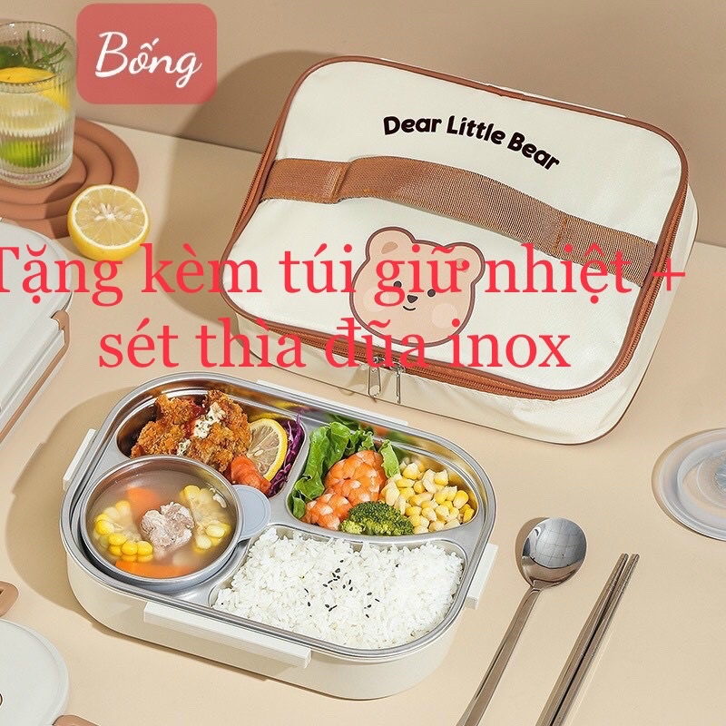 Hộp đựng cơm Dear Bear cao cấp chất liệu inox 304 kèm tặng túi đựng giữ nhiệt