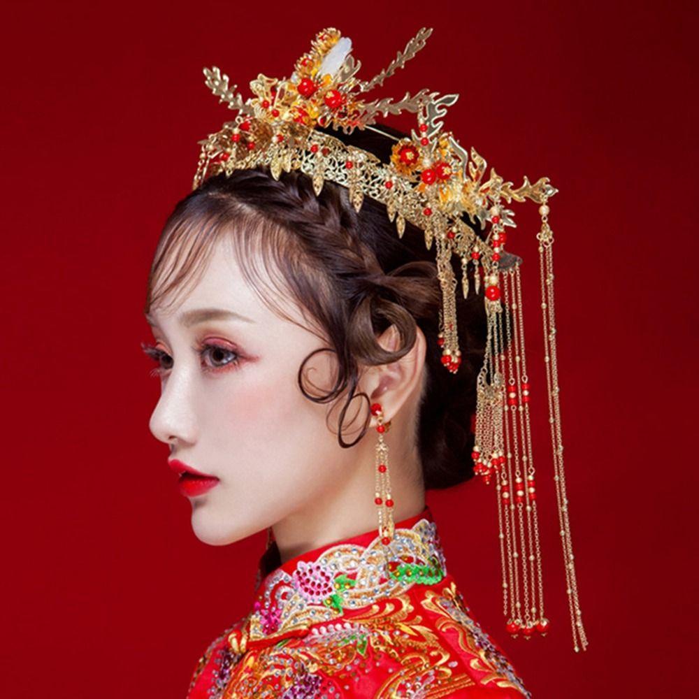 Vương Miện Đội Đầu Cô Dâu VANES1 Màu Đỏ Phong Cách Retro|Trâm Cài Tóc Hình Vương Miện Phượng Hoàng Phối Tua Rua Phong Cách Trung Hoa