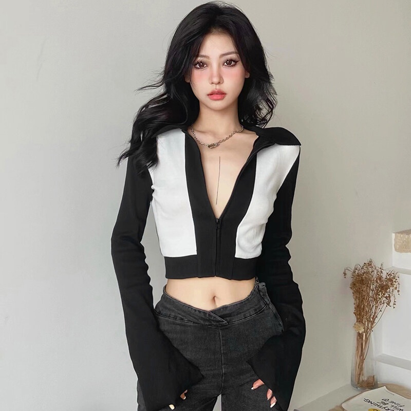 Weird Puss Áo Croptop Dài Tay Cổ Tim Phối Khóa Kéo Thời Trang Dành Cho Nữ