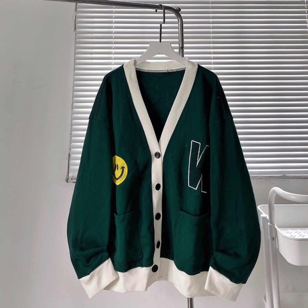 Áo Khoác Cardigan W Mặt Cười Ulzzang 2 Màu Xanh Be