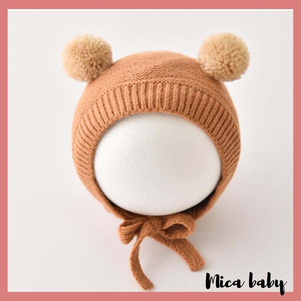 Mũ len màu trơn thiết kế dây buộc đính cục bông thời trang thu đông cho bé ML204 Mica baby