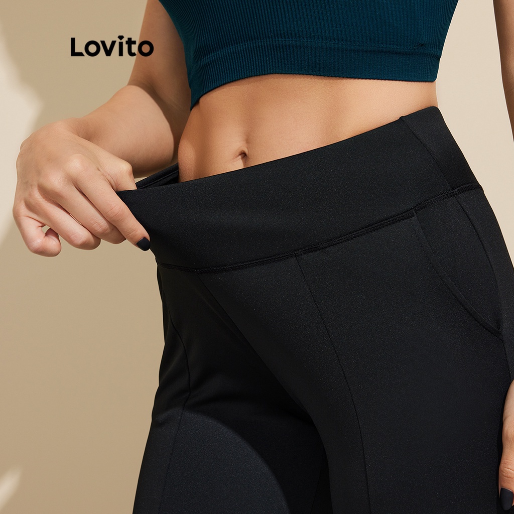 Quần ống loe Lovito màu trơn xẻ tà phía trước có túi vải nhanh khô phong cách thể thao L18X540 (Màu đen)