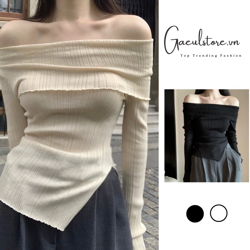 Gaeul store - Áo len dệt kim trễ vai ngang kiểu xẻ lệch điệu đà