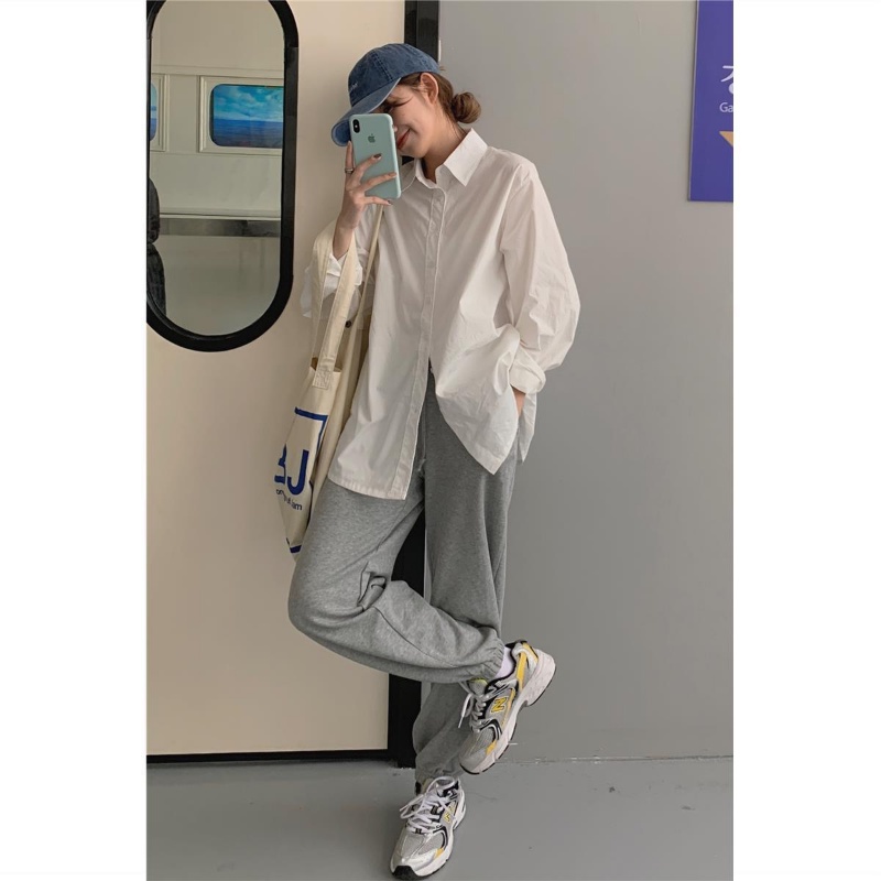 Áo Sơ Mi Tay Dài Dáng Rộng Màu Sắc Đơn Giản Thời Trang Mùa Thu Cho Nữ