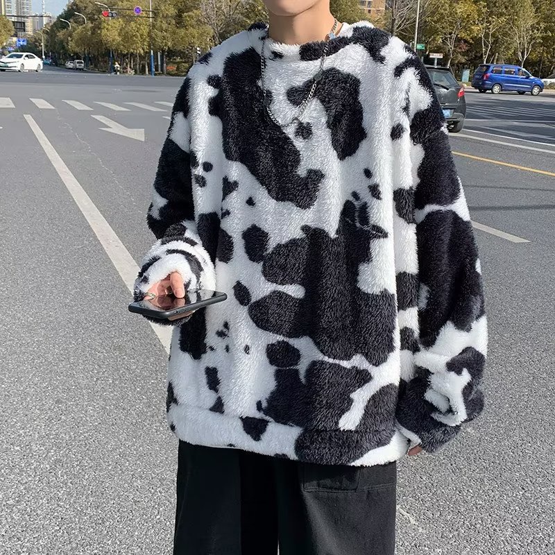 Áo Sweater Lông Cừu Dáng Rộng Họa Tiết Bò Sữa Phong Cách Hàn Quốc Thời Trang Thu Đông Cho Nam