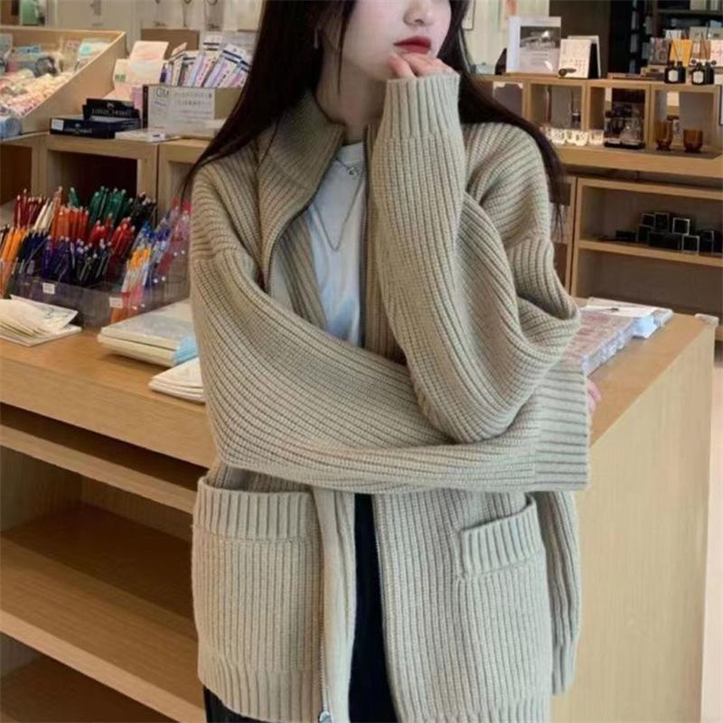 Áo Khoác Cardigan Dệt Kim Phối Khóa Kéo Màu Sắc Đơn Giản Phong Cách Retro