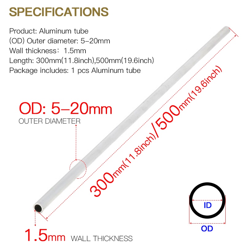 Ống Nhôm Thẳng Dài 5-20mm 300mm 500mm 5 6 7 8 9 10 11 11.5 12 13 14 15 16 17 18 19 20mm