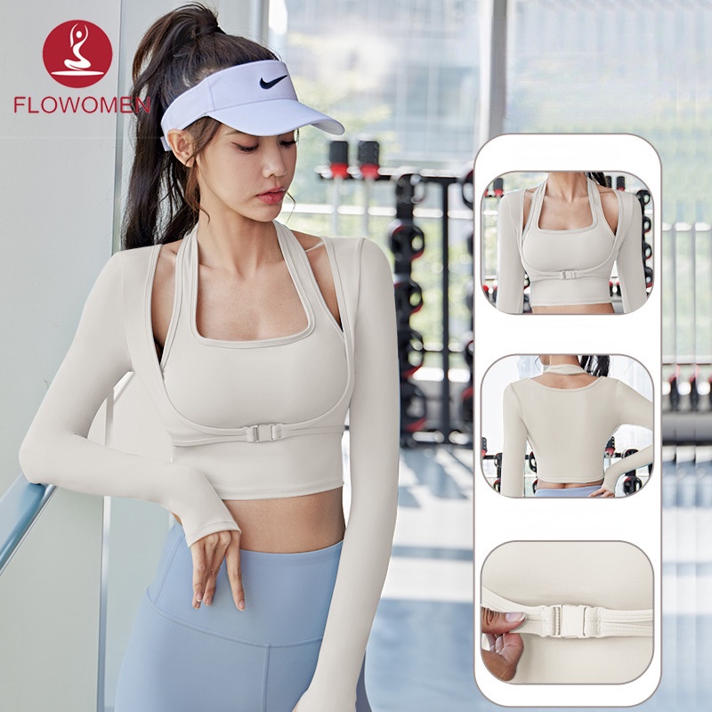 FLOWOMEN Áo Tập Yoga Gym nữ Dài Tay croptop Giả Hai Lớp Ôm Dáng Không Đường May Chống Sốc Mau Khô Kèm Miếng Đệm Ngực Đen, trắng, tím