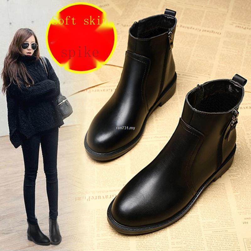 Giày Bốt Martin Da Cổ Thấp Đế Bằng Thời Trang Thu Đông Cho Nữ