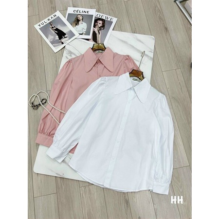 [11.11 Sale Freeship] Áo thời trang nữ công sở,áo sơ mi tay dài cổ sen cài khuy sang trọng hai màu hồng trắng xinh xắn