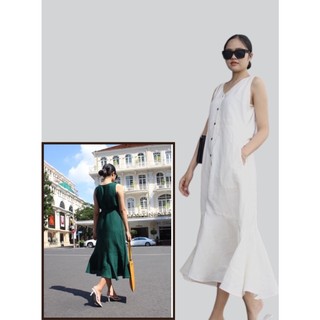 Đầm nữ 2 dây bản to chất vải Linen tưng - dáng đuôi cá tùng xòe túi bên hông, có hàng cúc giữa [XÍN - Fashion Design]