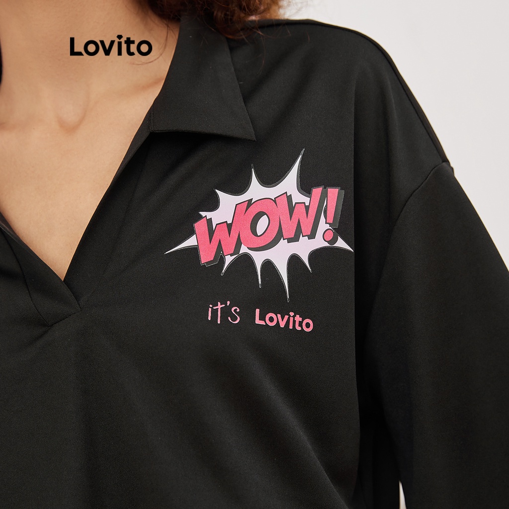 (Hàng có sẵn) Áo thun Lovito dáng ngắn họa tiết chữ cái phong cách thường ngày L19E045 (Màu đen)