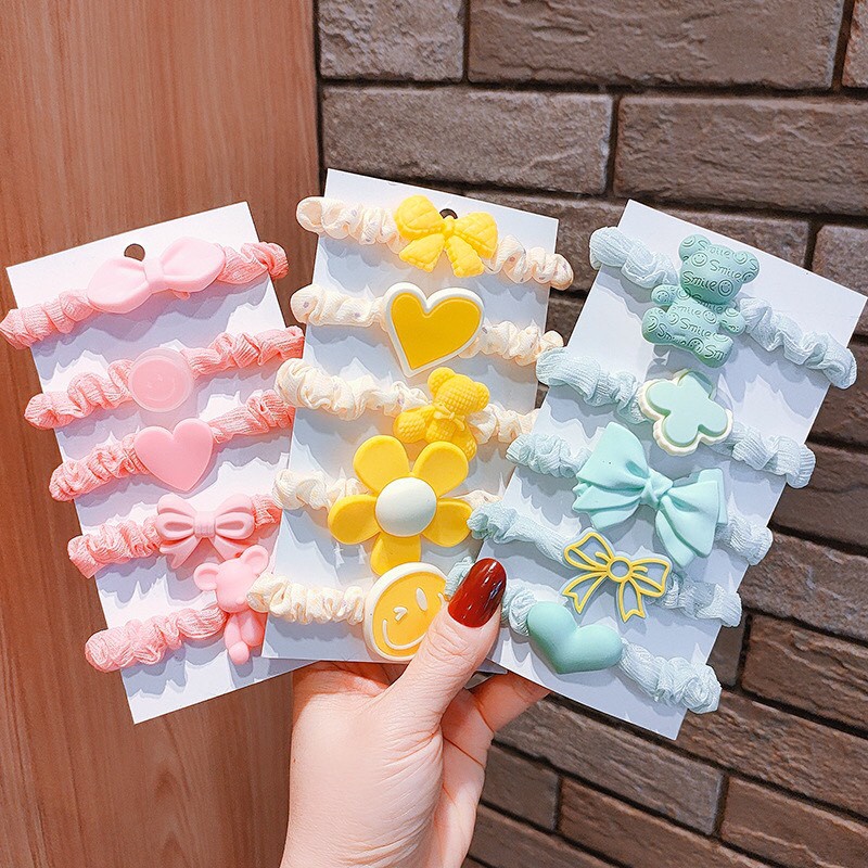 Set 5 dây cột tóc voan hoa gắn hình cho bé scrunchies hoa