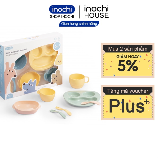 Bộ ăn dặm cho bé 7 món dụng cụ ăn dặm inochi kiểu nhật thông minh nhựa nguyên sinh cao cấp