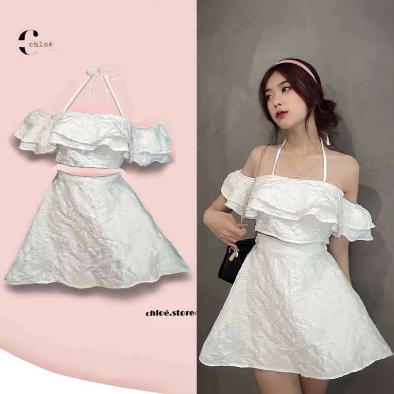 set váy rời trễ vai dây cổ yếm trắng