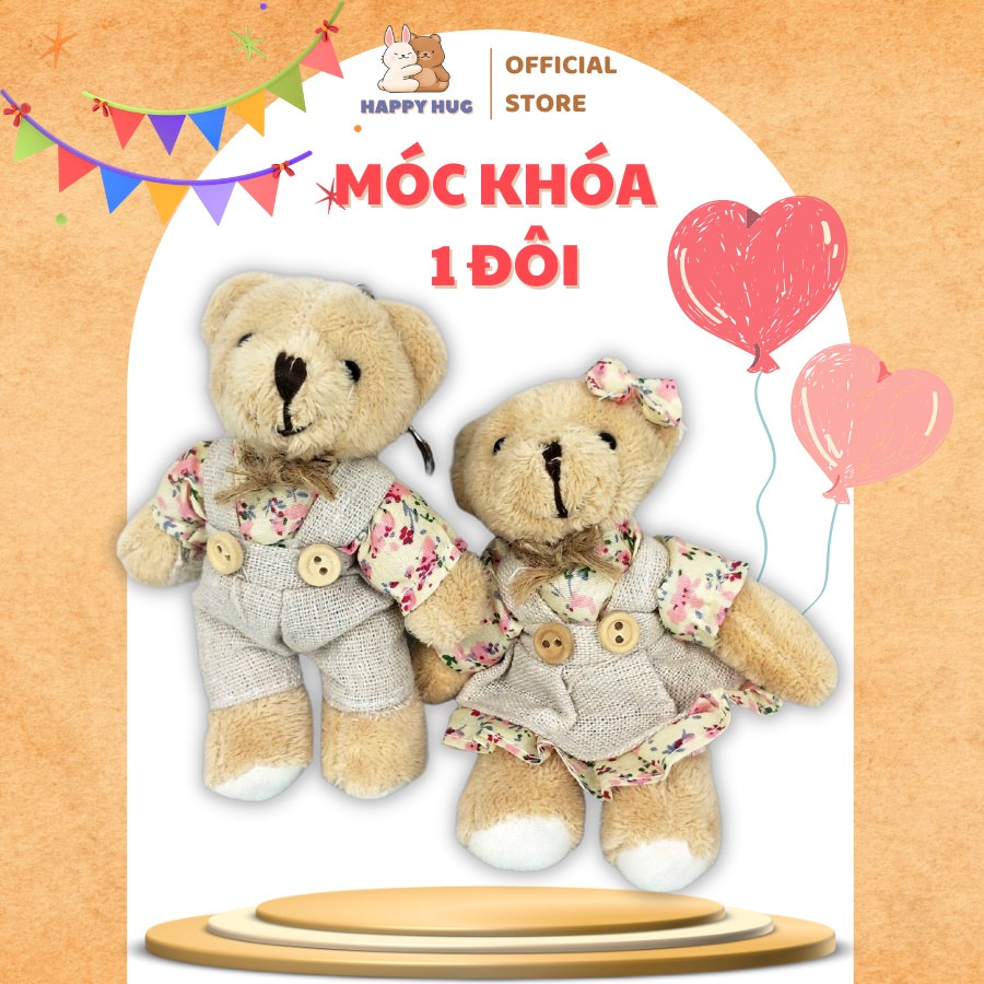 Móc khóa đôi gấu bông ( 1 đôi ), thú nhồi bông đáng yêu lông xù cao cấp size 10 cm - Happy Hug
