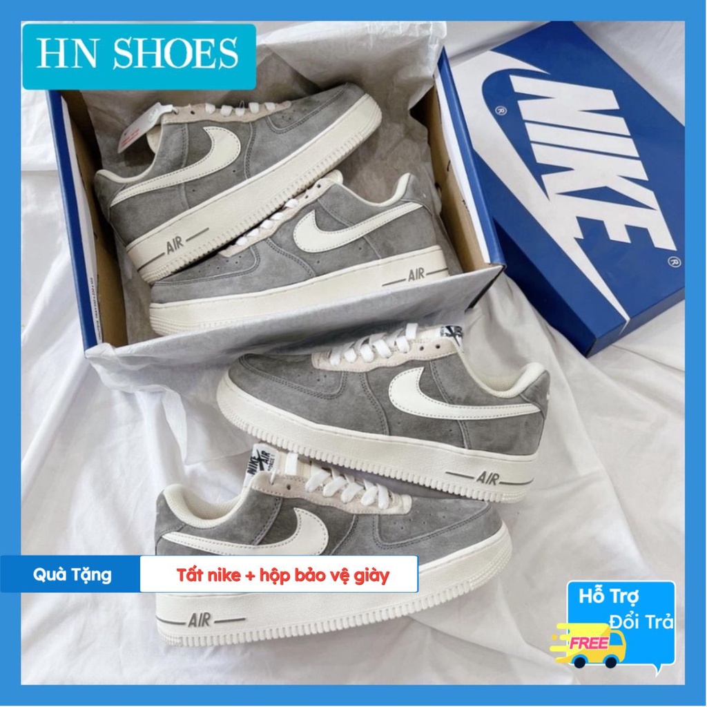 free ship Giày AF1 Trắng Xám Lông Chuột, Giày Air Force 1 Xám Trắng Da Lộn, Full phụ kiện