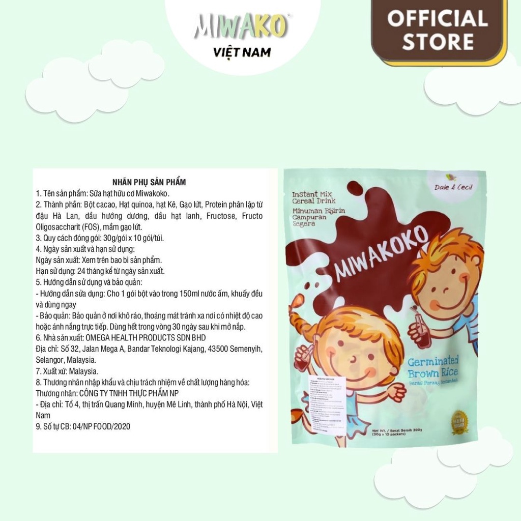 Sữa Công Thức Thực Vật Hữu Cơ Organic Vị Cacao Miwakoko Túi 300gr x 3 túi  - Miwako