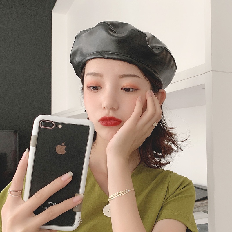 [Hot] Mũ Beret Da Màu Trơn Phong Cách Vintage Pháp Thời Trang Cho Nữ