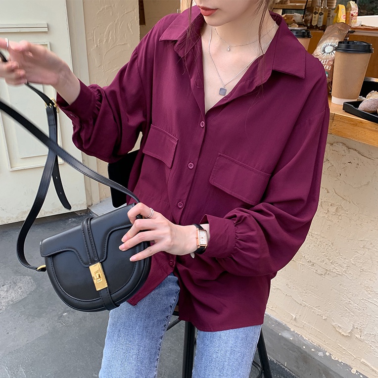 Áo sơ mi SUXI tay dài phồng dáng rộng màu sắc đơn giản thời trang cho nữ