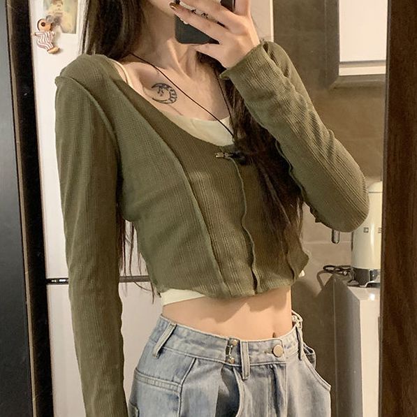 Áo Croptop Tay Dài Cổ Tròn+ Áo ba lỗ hai dây Hở Vai Thời Trang Dành Cho Nữ Phong Cách Hàn Quốc