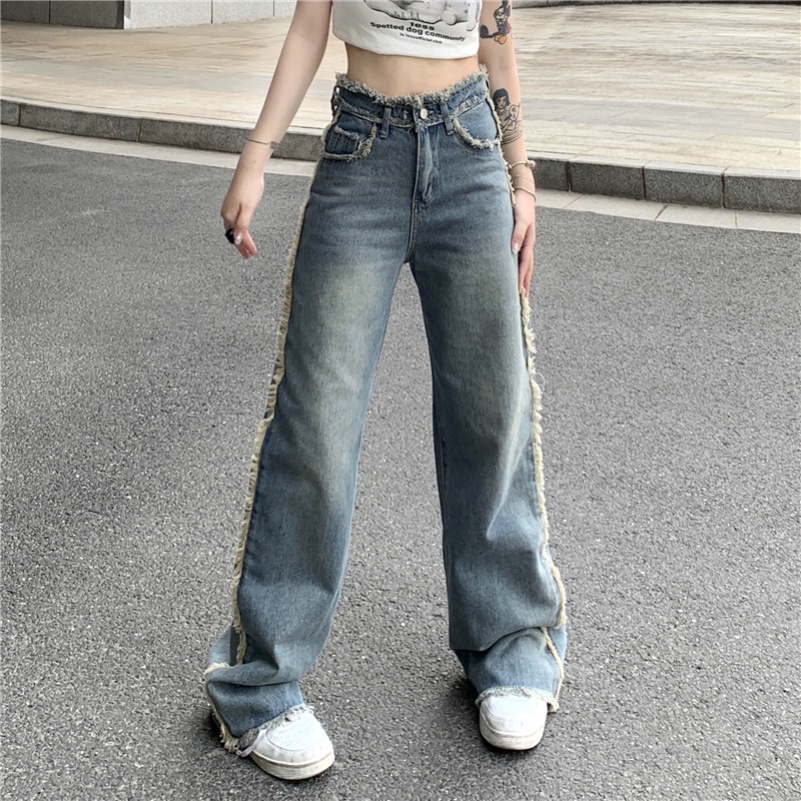 Quần Jean Nữ Ống Rộng Lưng Cao Phong Cách Retro Thời Trang
