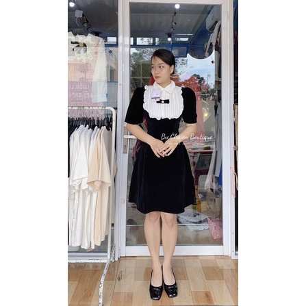 Đầm nhung phối cổ trắng đính nơ (Có bigsize)