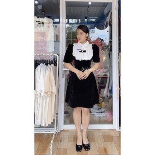 Đầm nhung phối cổ trắng đính nơ