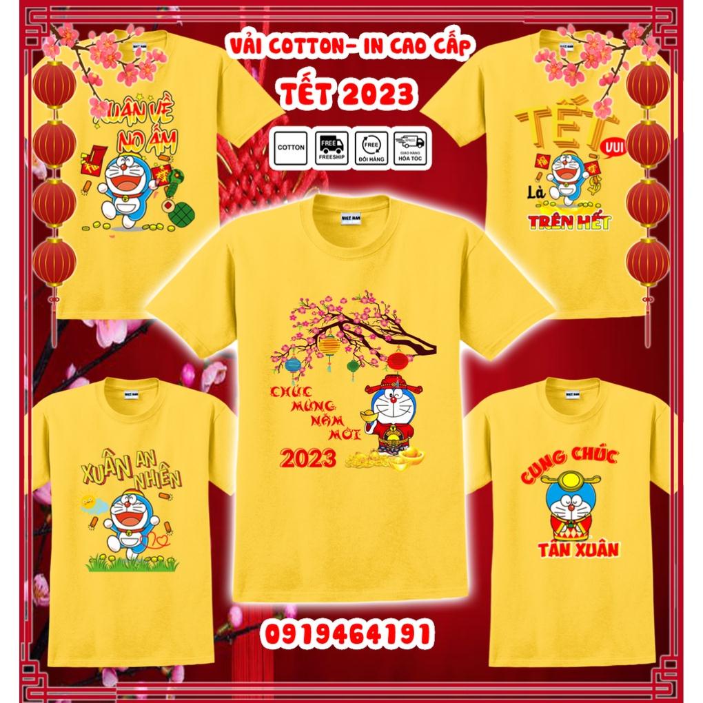 Áo thun doraemon tết quý mão 2023 màu vàng, áo thun tết con mèo doraemon, vải dày mịn mát, in cao cấp - Có size trẻ em