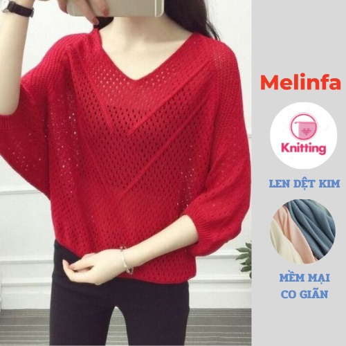Áo len nữ mỏng cổ V cánh dơi dập lỗ len dệt kim mềm mịn co giãn mặc mùa hè mã VAA0315